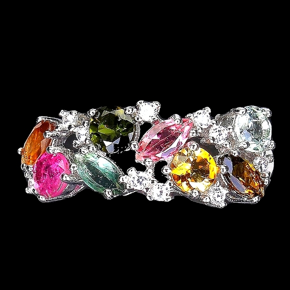 Natural Tourmaline 6x3mm & Cz 925 Sterling Silver Ring Size 7.5 - Picture 3 of 6